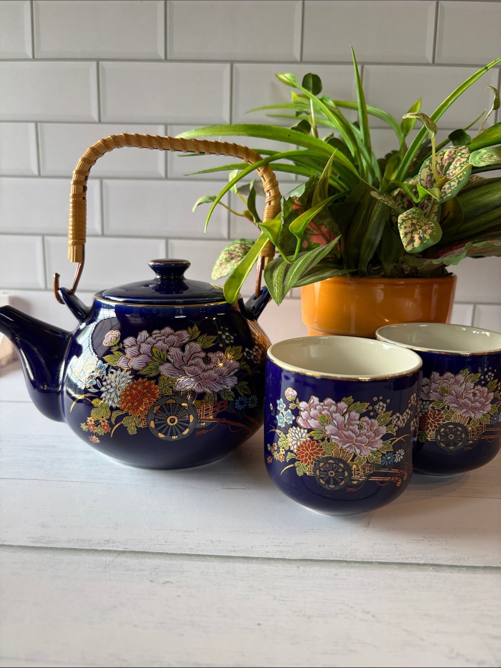 Cobalt Floral Ceramic Tea Set - 3 Piece Decorative Cups & Teapot